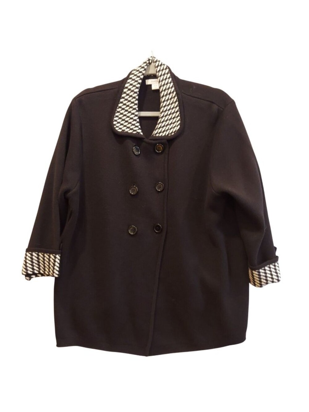 Dressbarn Jacket coat women 14/16 Black hounds tooth double breasted Knit career